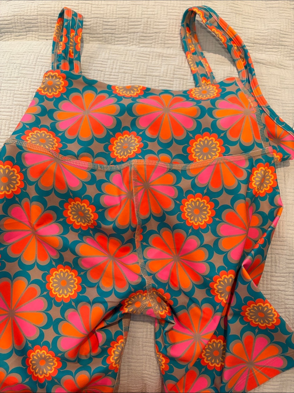Beyond Yoga Floral Retro Bra & High-Waist Bike Shorts Set Teal, Pink, Orange - Picture 5 of 5